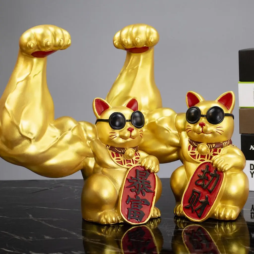 

Giant Lucky Cat Statue Resin Muscle Arm Figurines Waving Arm Fortune Cat Powered Home Office Car Decorative Figurine Ornament