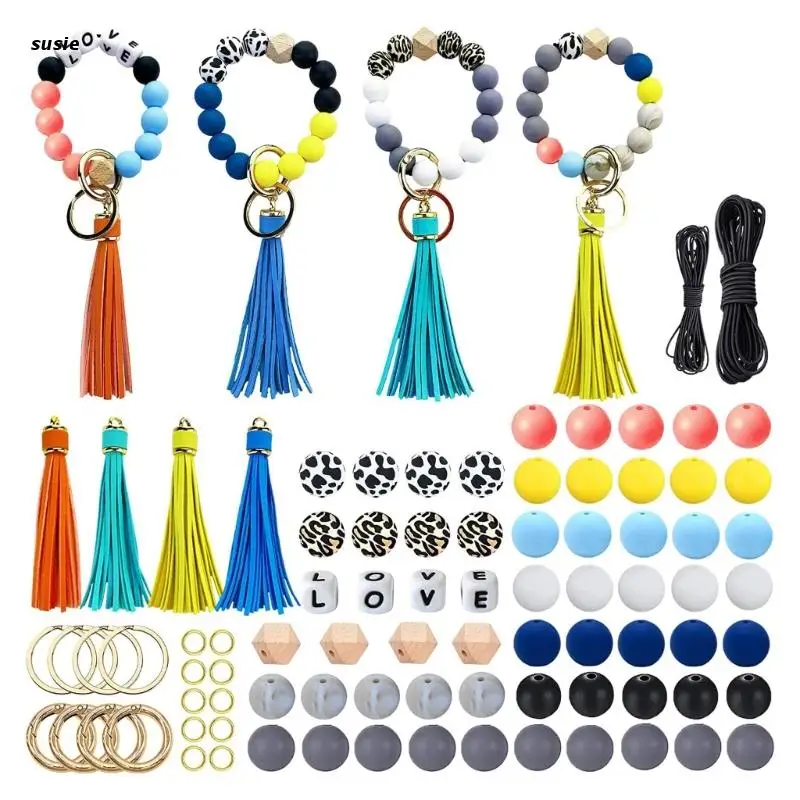 

X7YA 1 Set Silicone Beads Kit Round Hexagon Beads with Tassel Food Grade Silicone Beads DIY Necklace Keychain Making Set