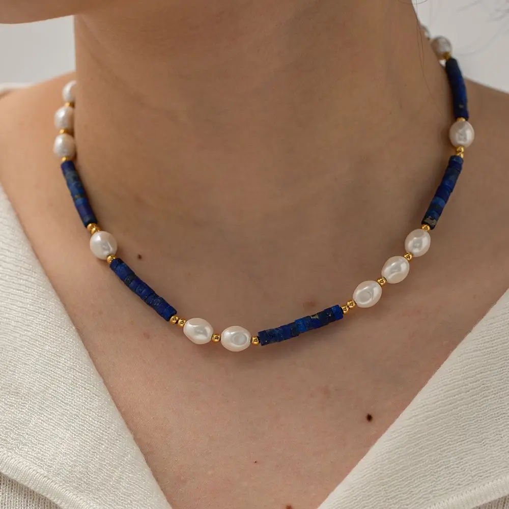 

Vintage Natural Stone Necklace For Women Simple Freshwater Pearl Pendant Necklace Ladies Stainless Steel Necklace Jewelry Gift