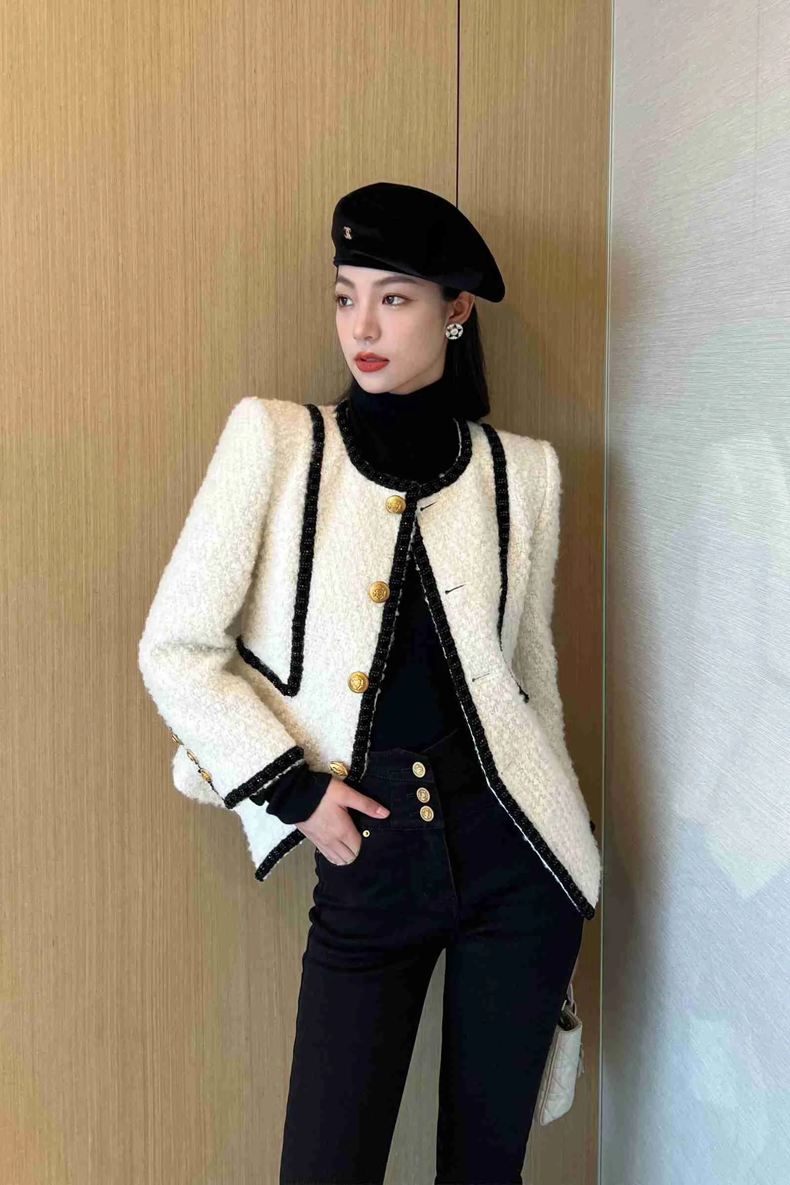 Xiaojingjia's same high set loop woolen tweed with contrasting waistband French style celebrity small fragrant coat for women's images - 6