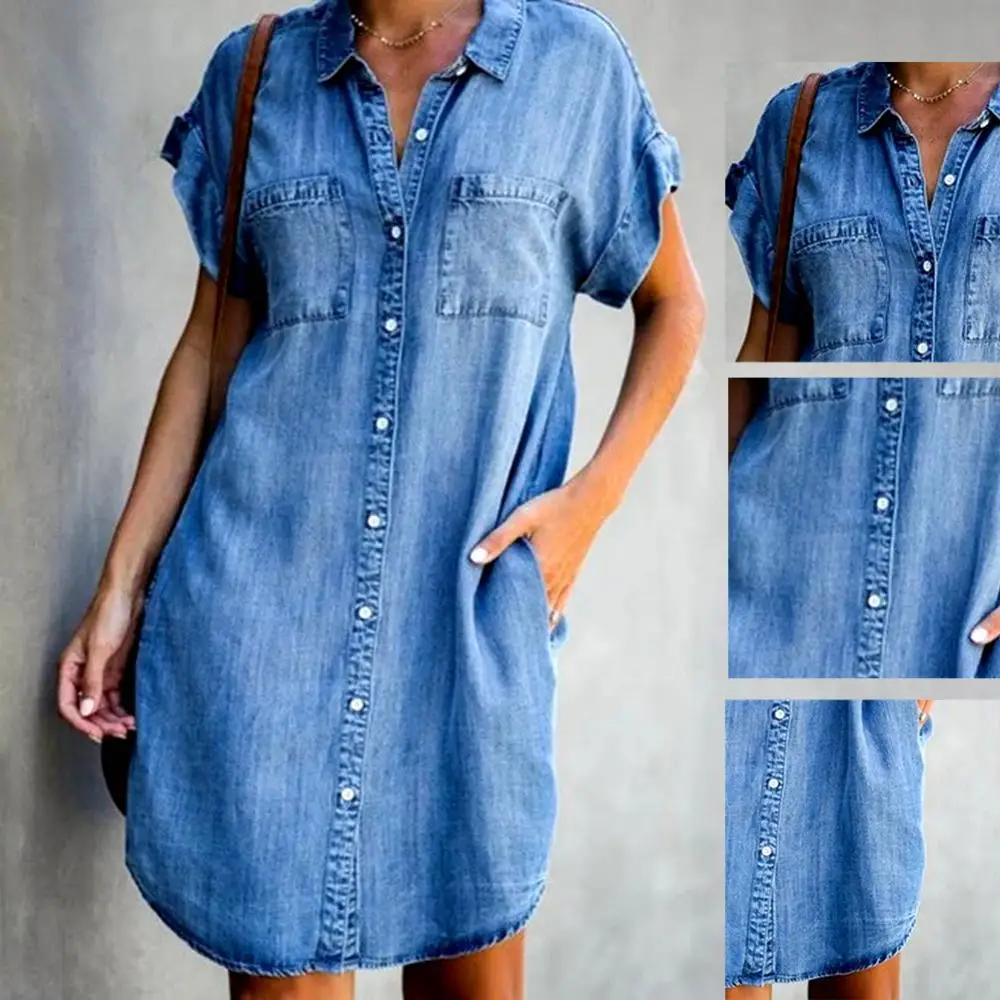 

2020 Summer Dress Women Short Sleeve Pockets Single-breasted Irregular Hem Knee-length Denim Dress Loose Style vestidos