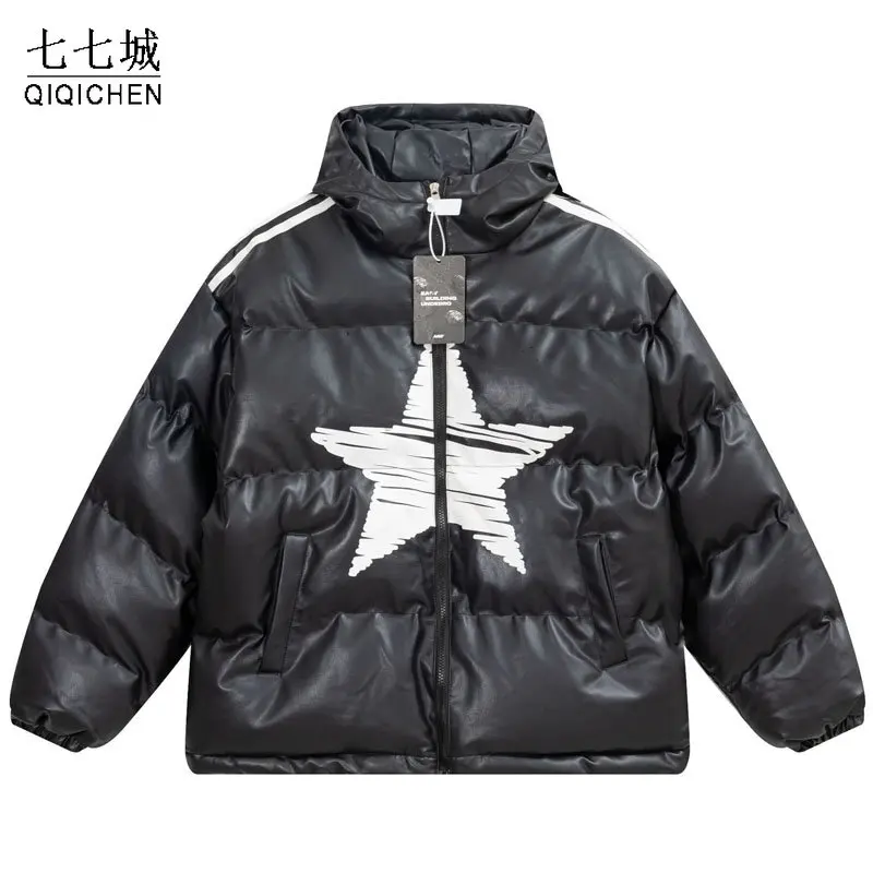 Winter Pu Jacket Parkas Men Hooded Retro Star Letter Print Thicken Warm Padded Cotton Coat Zipper Vintage Leather Outwear Unisex