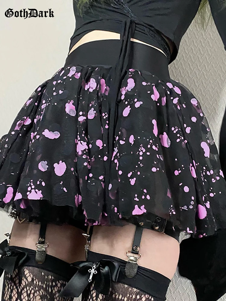 

Goth Dark Mesh Sexy Pastel Gothic Aesthetic Skirts Women Grunge Harajuku Cute A-line Mini Skirt Pink Print High Waist Partywear