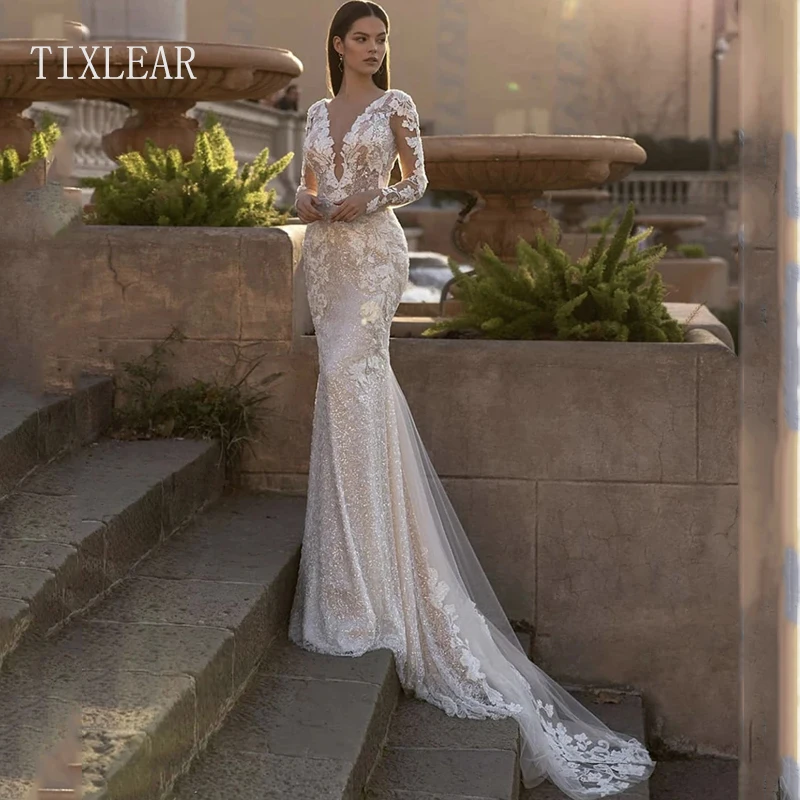 

TIXLEAR Wedding dresses Mermaid Trumpet Backless Backless V-neck Lace Applique Bridal Gowns embroidered Marry dress Summer 2023