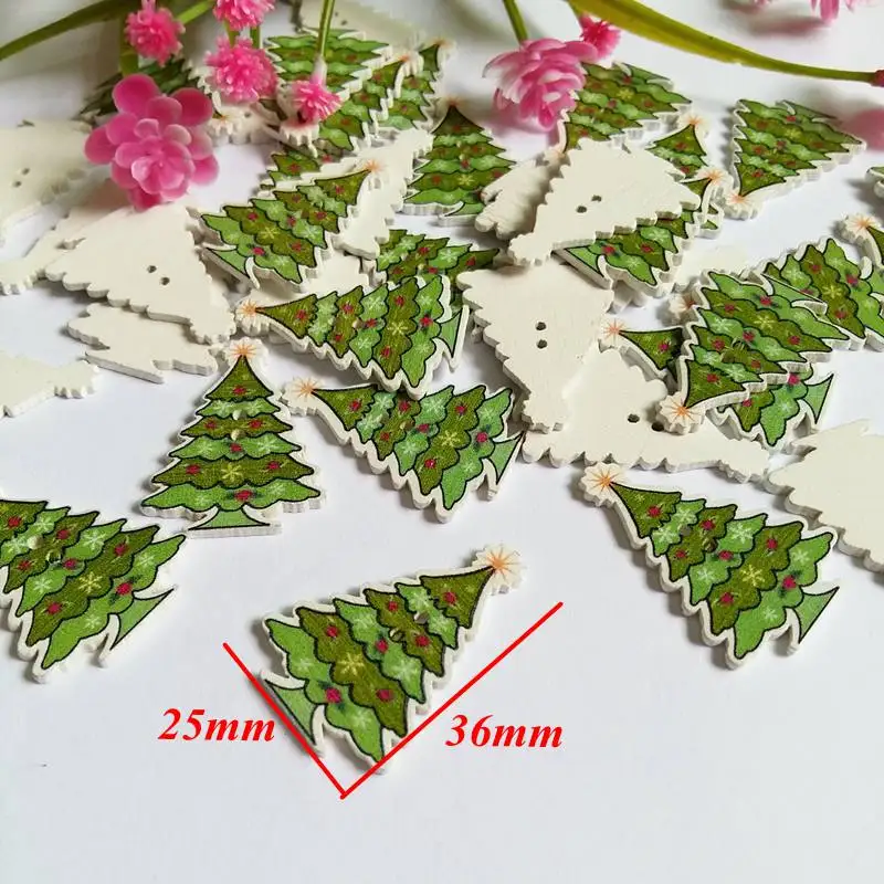 

50pcs Wood Buttons 2 Holes Multicolor Christmas tree Pattern at Random 25*36mm sewing button ornament DIY handicraft