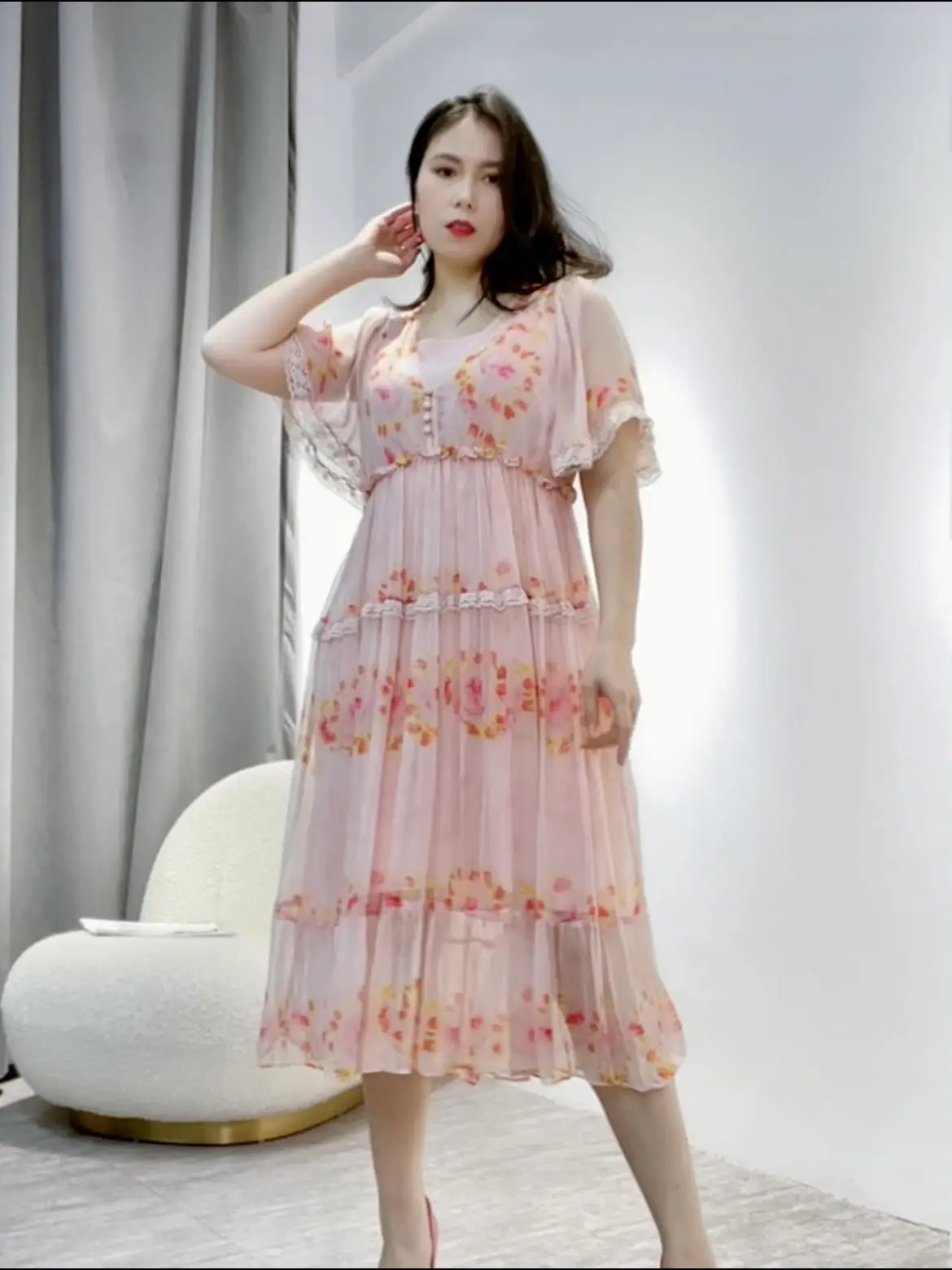 

Flare Sleeve High Waist Sheer Silk Dress