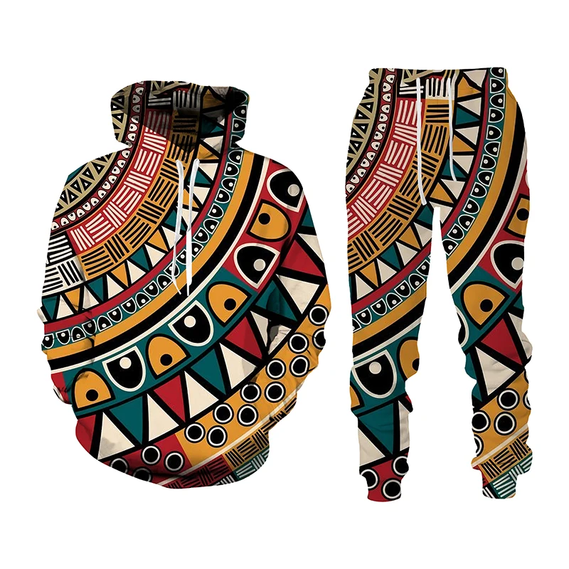 African 3d Print Men/Women Loose Hooded Sweater + Sweatpants Two Piece Fashion Casual Sportswear Retro Style Hip Hop Streetwear
