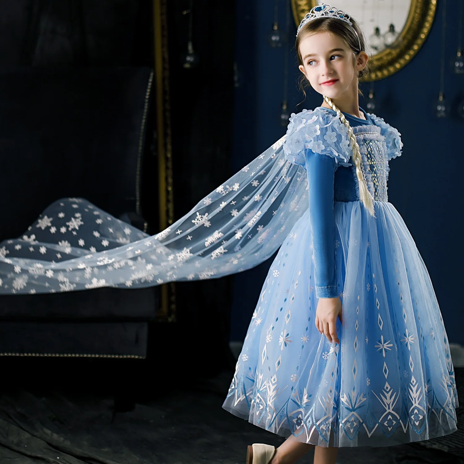 

Little Girls Cosplay Princess Dress Long Sleeve Round Neck Snowflake Print Party Tulle Dress Gown Rapunzel Costumes Halloween