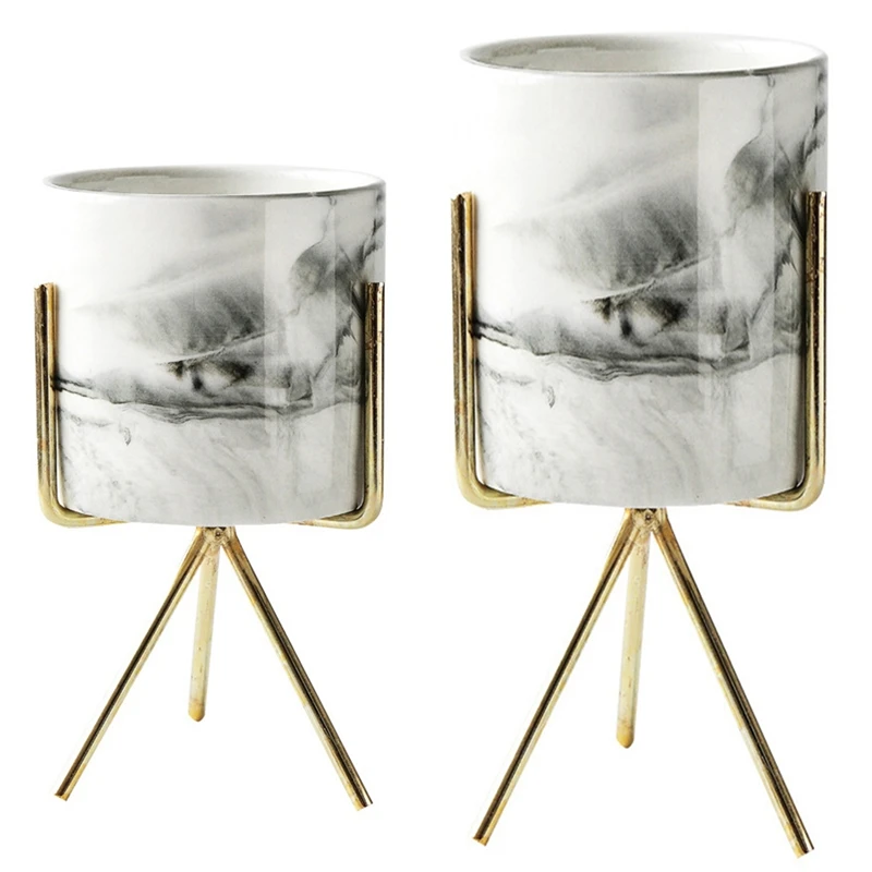 

2Pcs Nordic Home Minimalist Style Marble Vase Wrought Iron Tabletop Succulent Flower Pot Gold + White Ceramic L & S