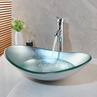 us warehouse oval tempered glass hand painted basin with chrome basin sink faucet set bathroom bathtub mixer water tap combo kit