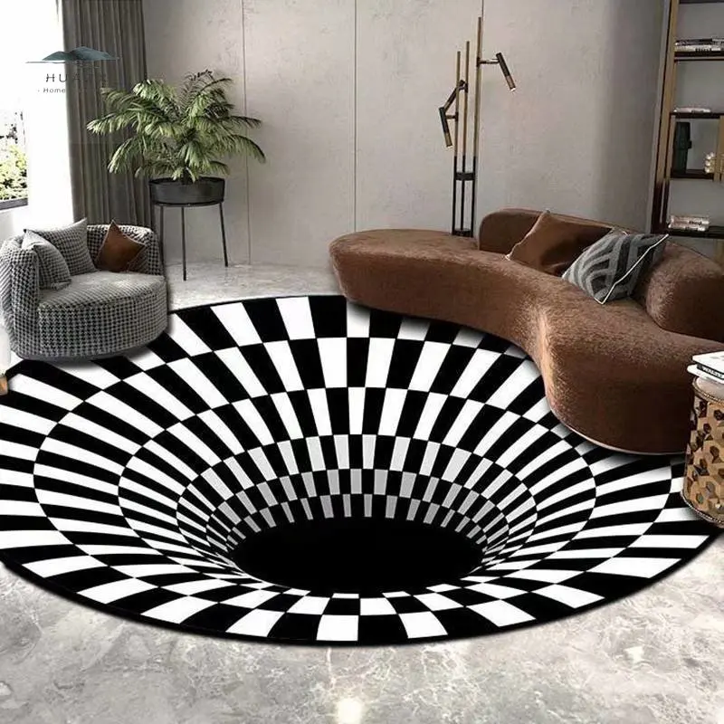 

3D Vortex Round Carpet Illusion Living Room Mats Grid Non Slip Area Rug for Bedroom Entrance Floor Soft Door Mat Home Decoration