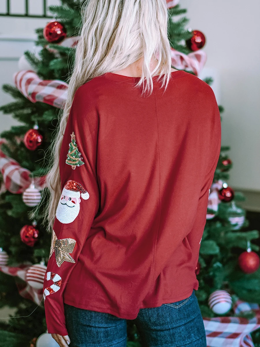 Women Christmas Tops Santa Claus Sequins Pattern Boat Neck Long Sleeve Loose Fit Casual T-Shirts