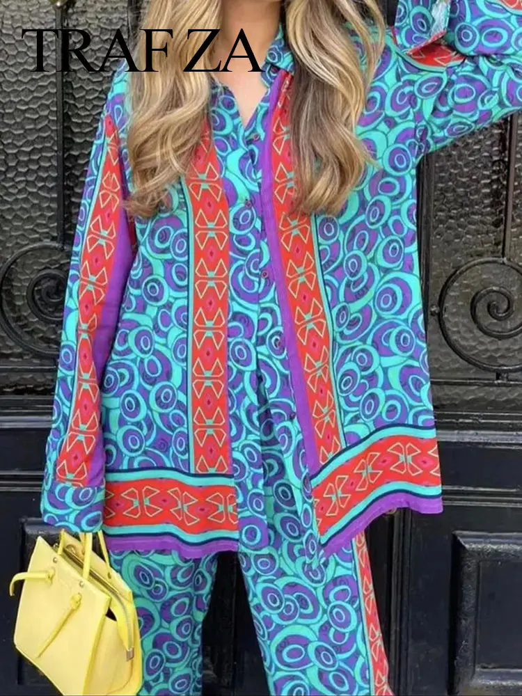 

TRAF ZA Fashion Trend Lightweight Chiffon Print Ladies Two Piece Vintage Blue Cyan Printed Shirt Flat Straight Wide Leg Pants