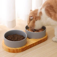 ceramic dog and cat bowl with pine stand non slip pet food and water bowls set indoors pet ceramic bowls for cat medium dog
