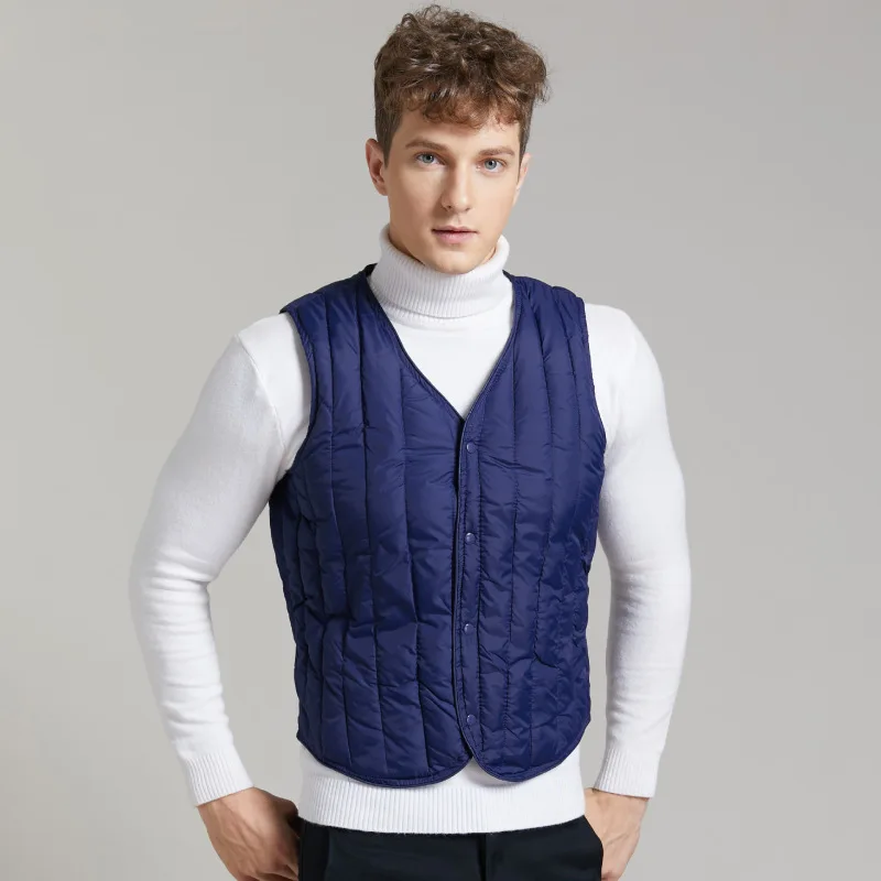 

Boys Cotton Quilted Vest Male Warm V-neck Sleeveless Coat Pleated Short Oversized Slim Blue Vest Men Casual Winter Clothing Xxxl