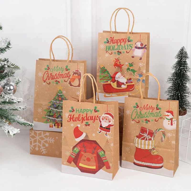 

5pcs Kraft Paper Gift Bags Snowflakes Merry Christmas Candy Cookie Packaging Bag Navidad Natal Christmas Supplies Kids Favors