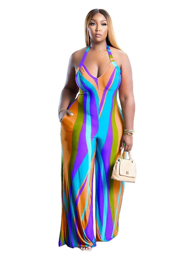 

Женский комбинезон с лямкой на шее, летний пикантный комбинезон с широкими штанинами, открытой спиной и принтом в уличном стиле, 2022