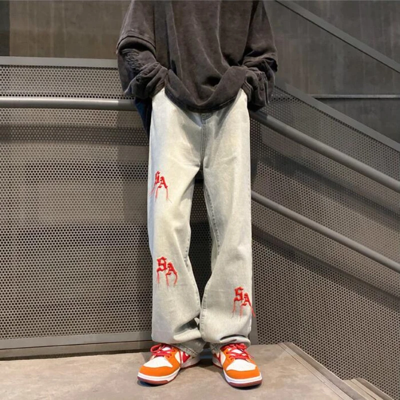 New Light Blue Embroidery Men Jeans Straight Fashion Casual Loose Trousers High Street Hip Hop Male Denim Pants