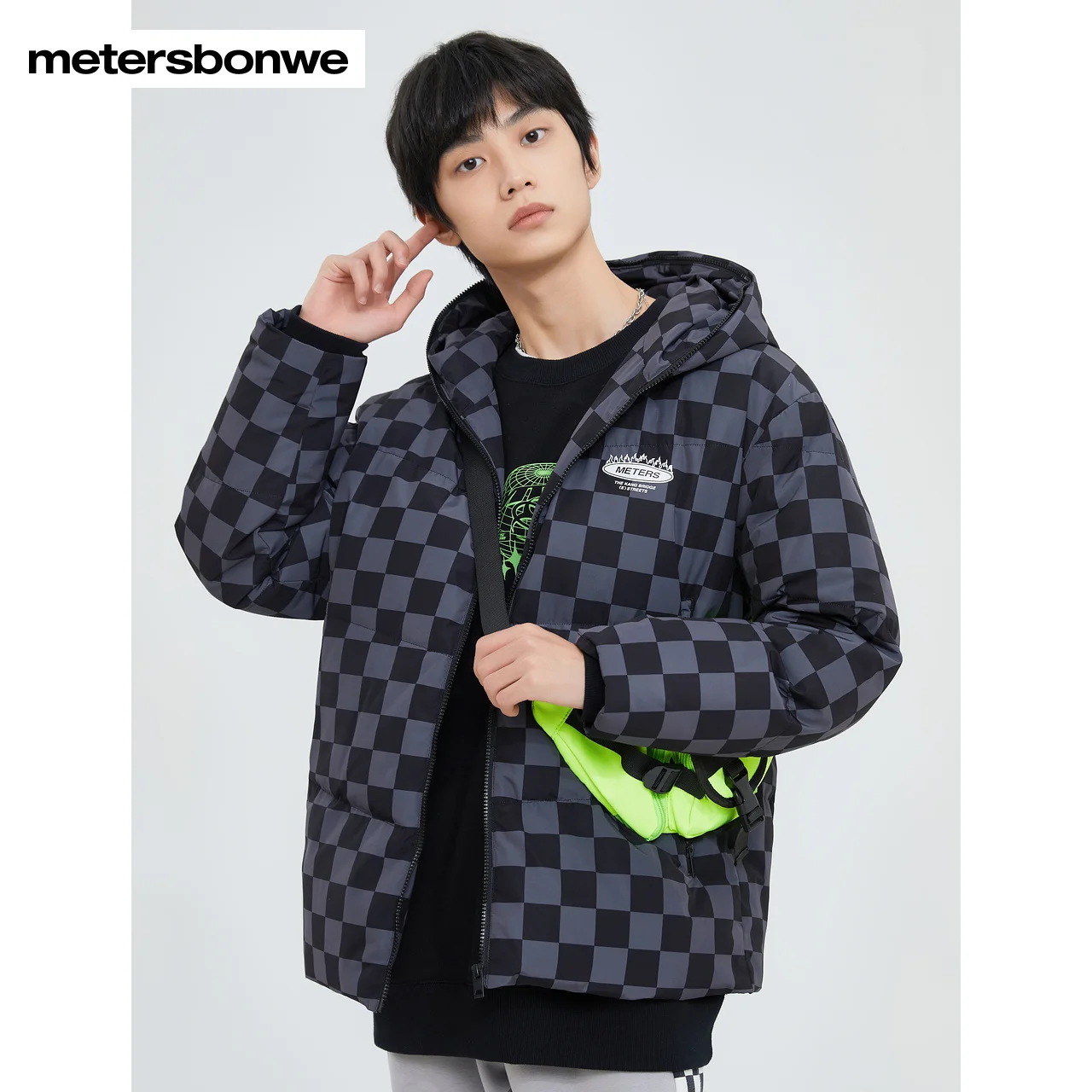 Metersbonwe Men's 22New Winter Monogrammed Hooded Down Jackets Checkerboard Lattice 80%Duck Down Thick Fashion Warm Wear