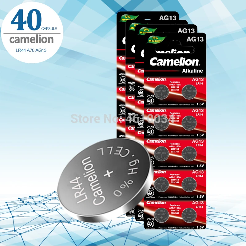 Camelion 40 шт. 1,5 в Кнопочная батарея lr44 литиевые батареи для монет A76 AG13 G13A LR44 LR1154 357A SR44 100% оригинал