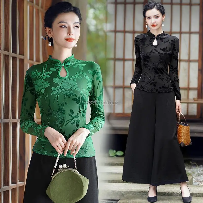 

2023 new chinese style standing collar disc buckle hollow out jacquard bottom improved cheongla-style top culottes suit t001