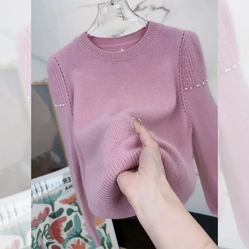 Korean Series Graceful Soft Raccoon Velvet Elegant round Neck Design Sense Knit Sweater Women 2024 Autumn and Winter New |