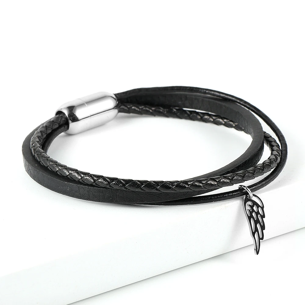

Nabest Black Multilayer Genuine Leather Bracelet for Men Women's Wing Charm Bracelets Stainless Steel Magnetic Buckle Bangles