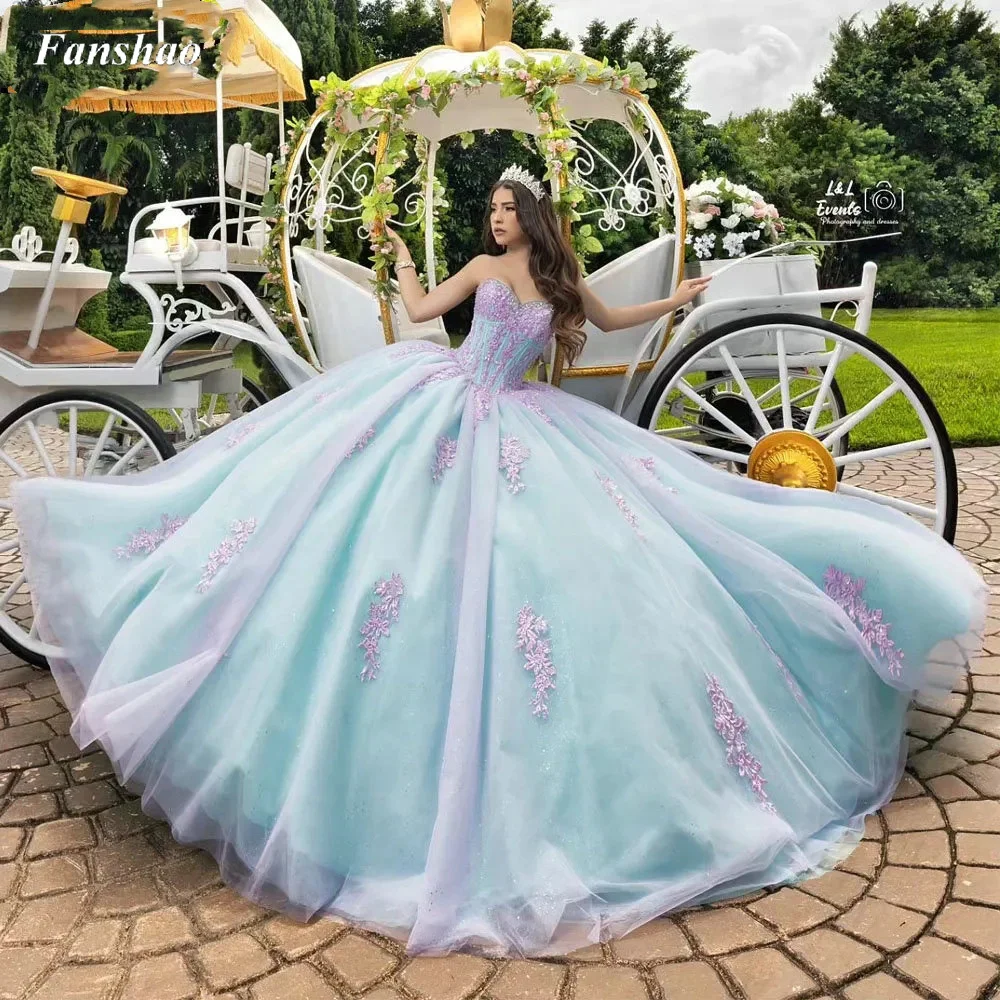 

Fanshao pd214 Sweetheart Sleeveless Ball Gown Quinceanera Dresses With Appliques Lace Sweep Tulle Corset Vestido De 15 Anos