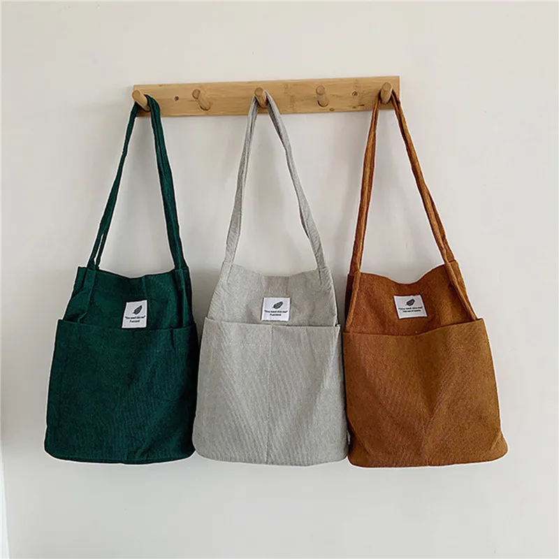 

Bags for Women 2023 Corduroy Snap Button Shoulder Bag Large Capacity Reusable Shopping Bag Literary Buckle Tote Female Handbags
