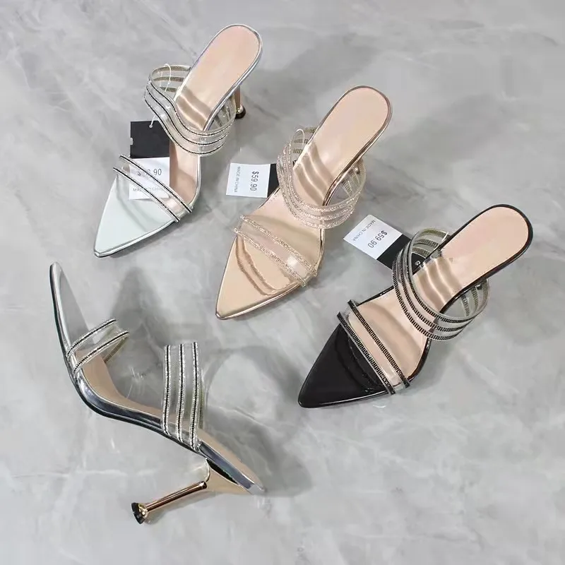 Women Heels Pointed Toe Transparent Sandals and Slippers Open Toe Rhinestone Stiletto Outerwear Banquet Shoes for Women 2022