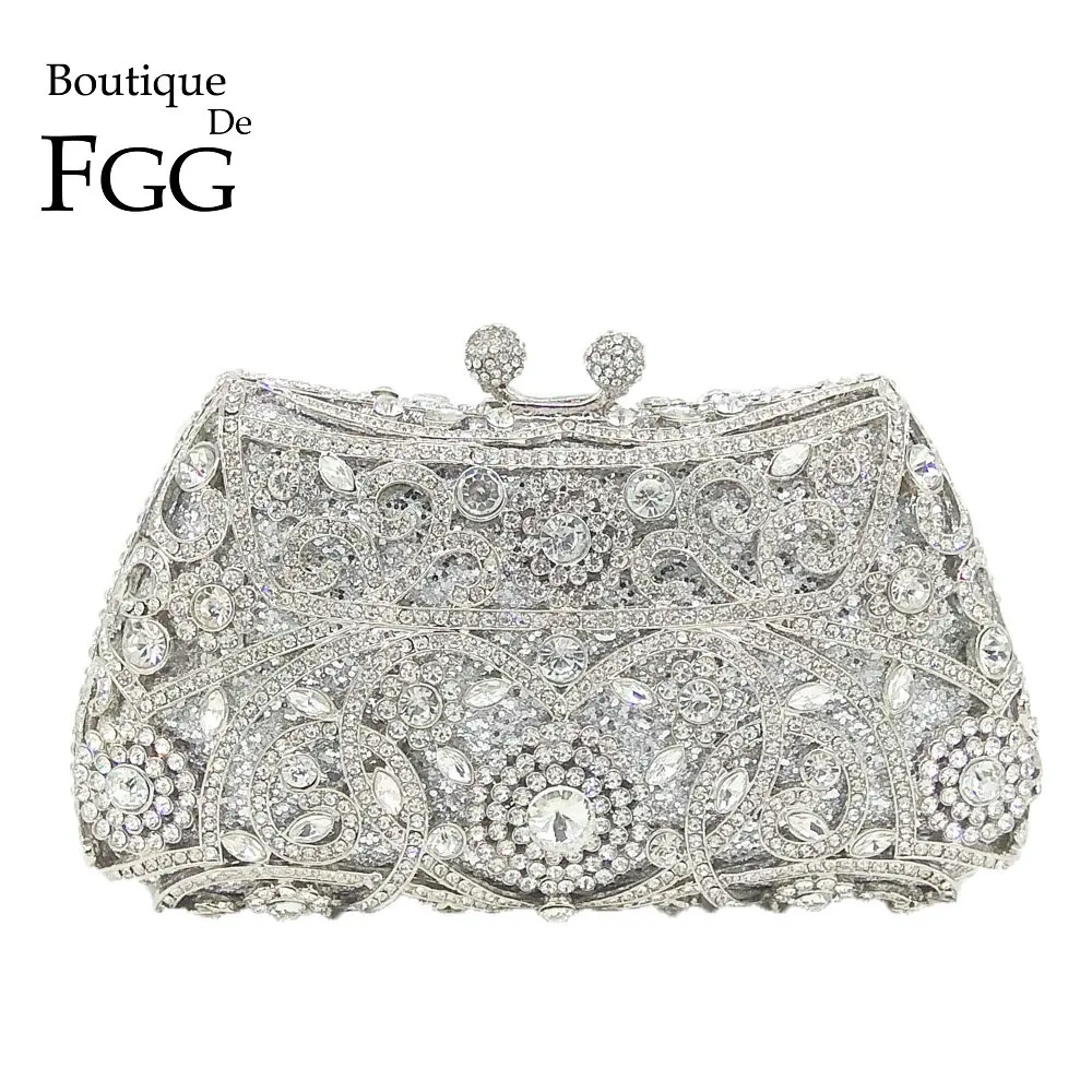 Boutique De FGG Mini Women Silver Crystal Evening Bags Wedding Party Dinner Flower Clutch Bridal Rhinestone Purses and Handbags