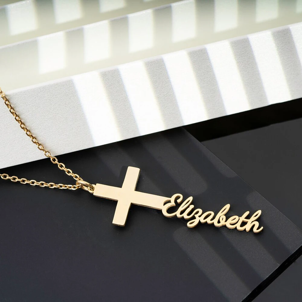 Custom Name Necklace Pendant Cross Stainless Steel Cut Personalized Christian Nameplate Jewelry Women's Mother's Day Gift