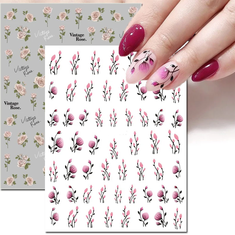 Наклейки для ногтей розовые цветочные акварельные зеленые - Цена: 48.53