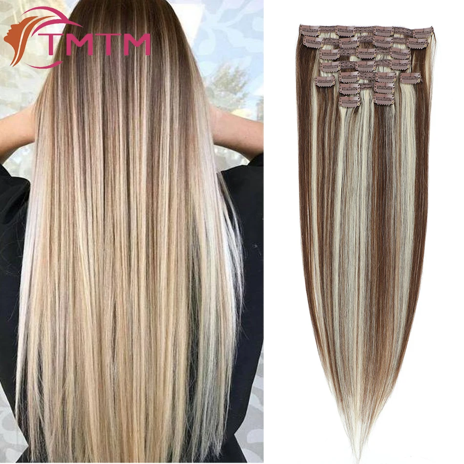17 Shades Clip In Human Hair Extensions 10 Pcs/Set Balayage Brown And Platinum Blonde Double Weft Remy Human Hair 15-23 Inch