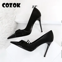 office lady pointed toe shoes silk satin thin high heels stiletto party shoes slip on women pumps plus size 34 43