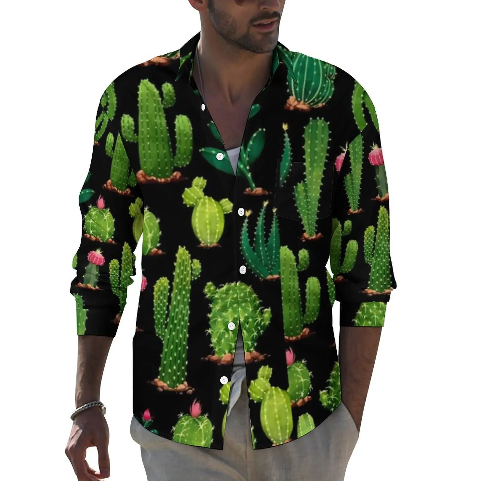 

Рубашка с изображением кактуса, весенние повседневные рубашки с изображением растений и листьев, мужские модные блузки с длинным рукавом, Индивидуальные топы Y2K, 3XL, 4XL