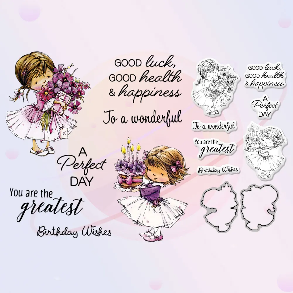 

Little Girl Flowers And Cake Cutting Dies Clear Stamp Happy Bithday DIY Scrapbooking Metal Cut Dies Stamps For Cards Diary