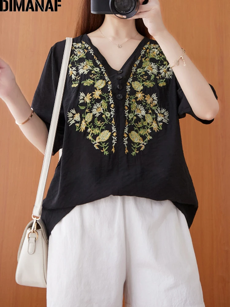

DIMANAF Summer Casual T-Shirts Women Blouses Shirts Embroidery Floral Lady Tops Tunic Tees Oversize Loose Cotton Linen Clothing