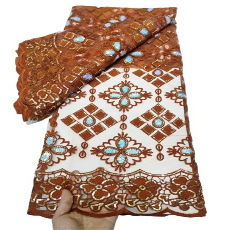 

Latest Orange African Sequin Mesh Lace Fabric High Quality Lace French Tulle Lace Fabric Nigerian Lace Fabrics For Wedding Red