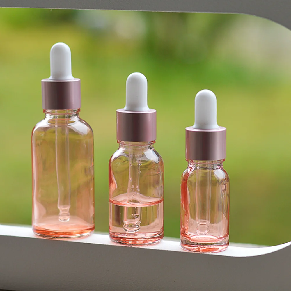 3pcs/set Pink Glass Massage Oil Pipette Dropper Bottles Rose Lid Aromatherapy Liquid for Essential Refillable Cosmetic Container