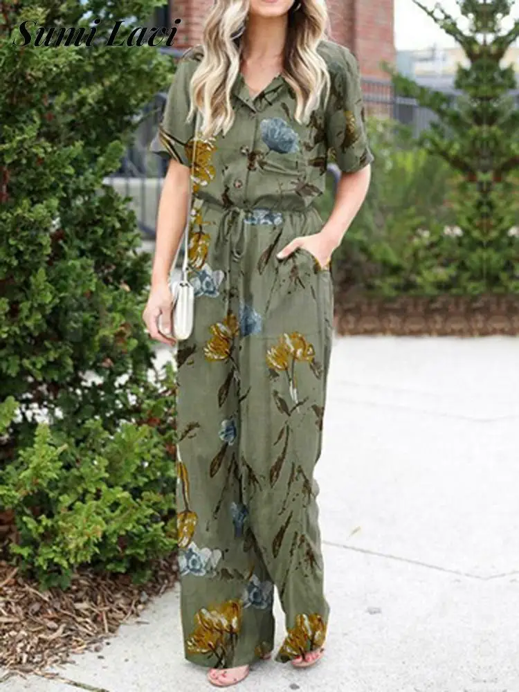 

Ladies Casual Lapel Button Lace Up Jumpsuits Vintage Floral Print Work Wide Leg Overalls Summer Women Short Sleeve Long Rompers