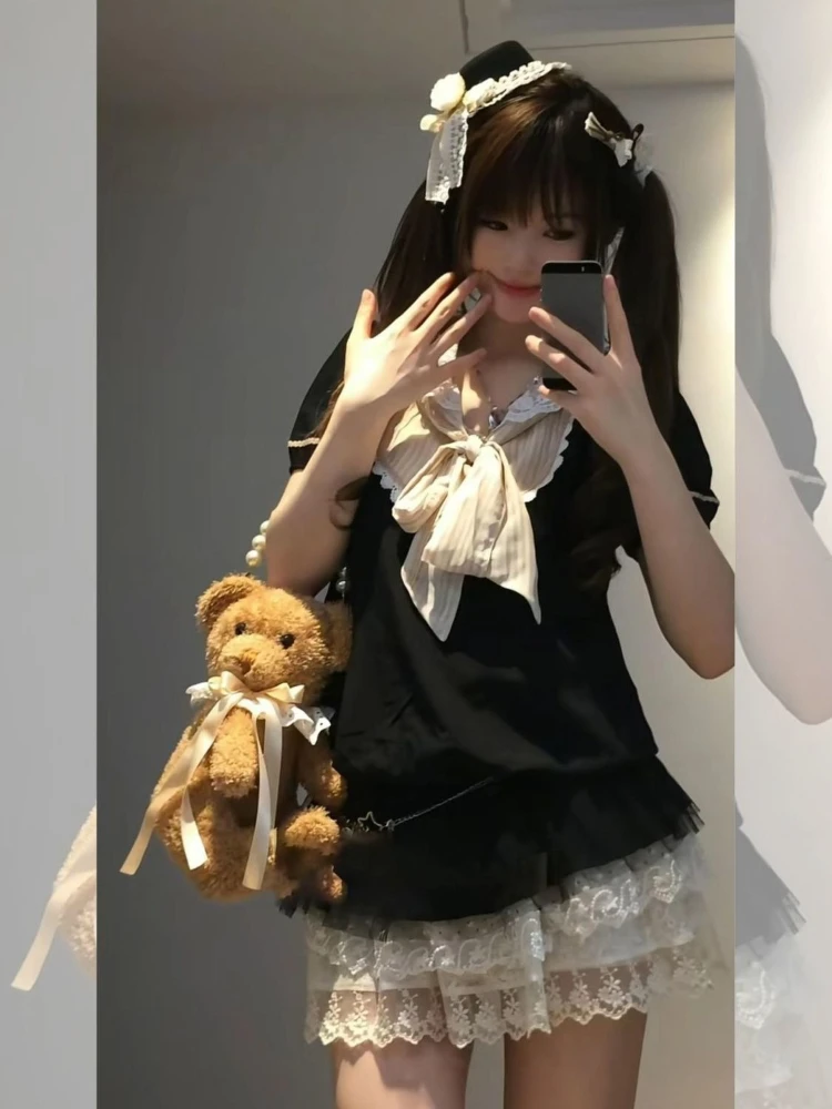Harajuku 90-е Эстетическое сексуальное платье Женское новое милое Y2k Тонкое готическое нарядное платье Женское панк-поддельное винтажное платье из двух частей с коротким рукавом (art.: 3920ce6ec7b72) - 3920ce6ec7b72