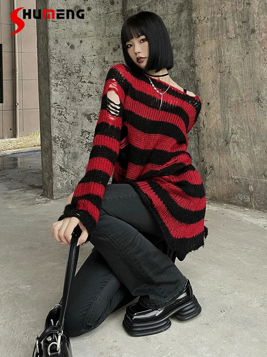 Женский свитер в полоску красный/черный вязаный пуловер с поясом готическом
