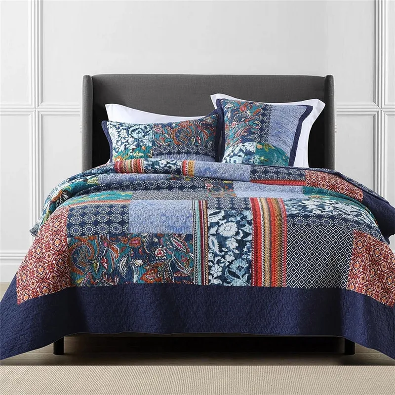 

Vintage Cotton Quilt Set 3PCS Bedspread On The Bed Plaid Quilted Comforter Cover Blanket Queen King Size Patchwork Coverlets