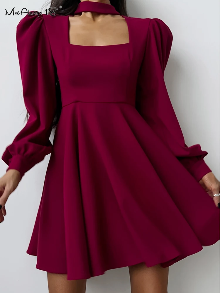 

Mnealways18 Wine Red Elegant Women Prom Ball Dress Halter Puff Sleeves Chiffon Dress Drape Evening Female Mini Dresses Pleated