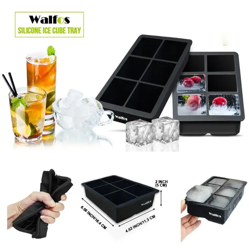 

Силиконовые формы WALFOS, 6 ячеек, большой лоток для льда, форма для льда, квадратная форма для льда, форма для коктейлей, виски, охлаждение, кухо...