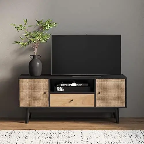 

Mina Modern TV Stand, Entertainment Cabinet, Media Console with a Natural Oak Wood Finish and Matte Black Accents with Storage D