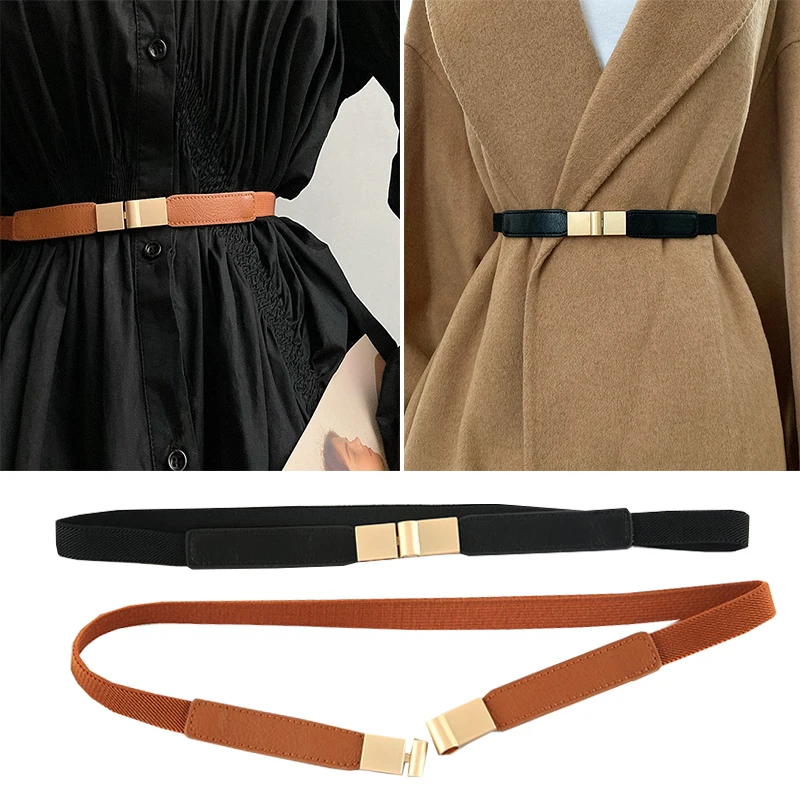 

High Quality Belts for Women Black/Camel Elastic Thin Belt Metal Golden Buckle Decorative Corset Dress Sweater Skinny Waist Belt