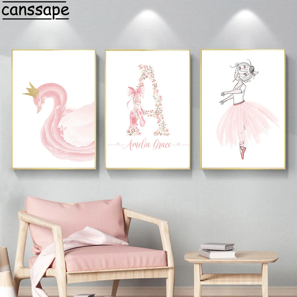 

Картина с изображением балерины, постер с именем на заказ, постеры с розовым лебедем, настенные картины, Картина на холсте для детской комна...