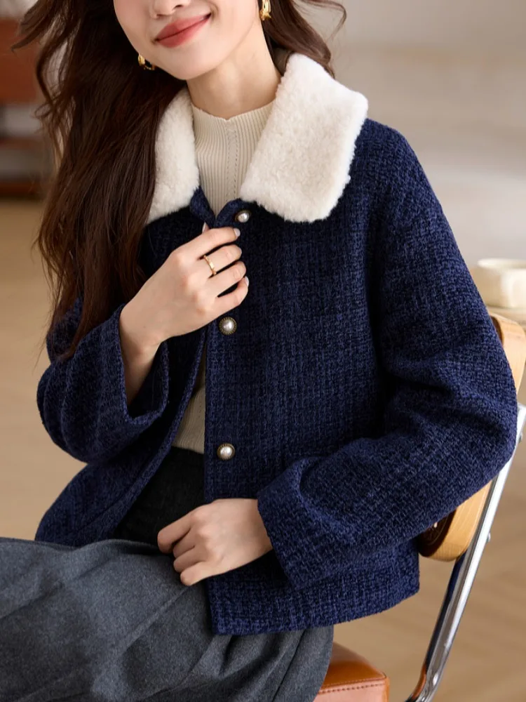 Темно-синяя изящная шерстяная куртка женская осенне-зимняя новая утолщенная